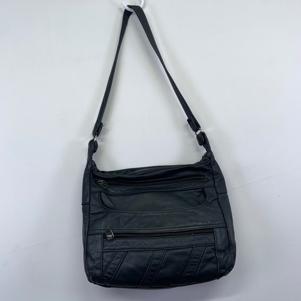 Dark Blue Greyish Leather Multi Pocket Shoulder Bag Purse Handbag Vintage